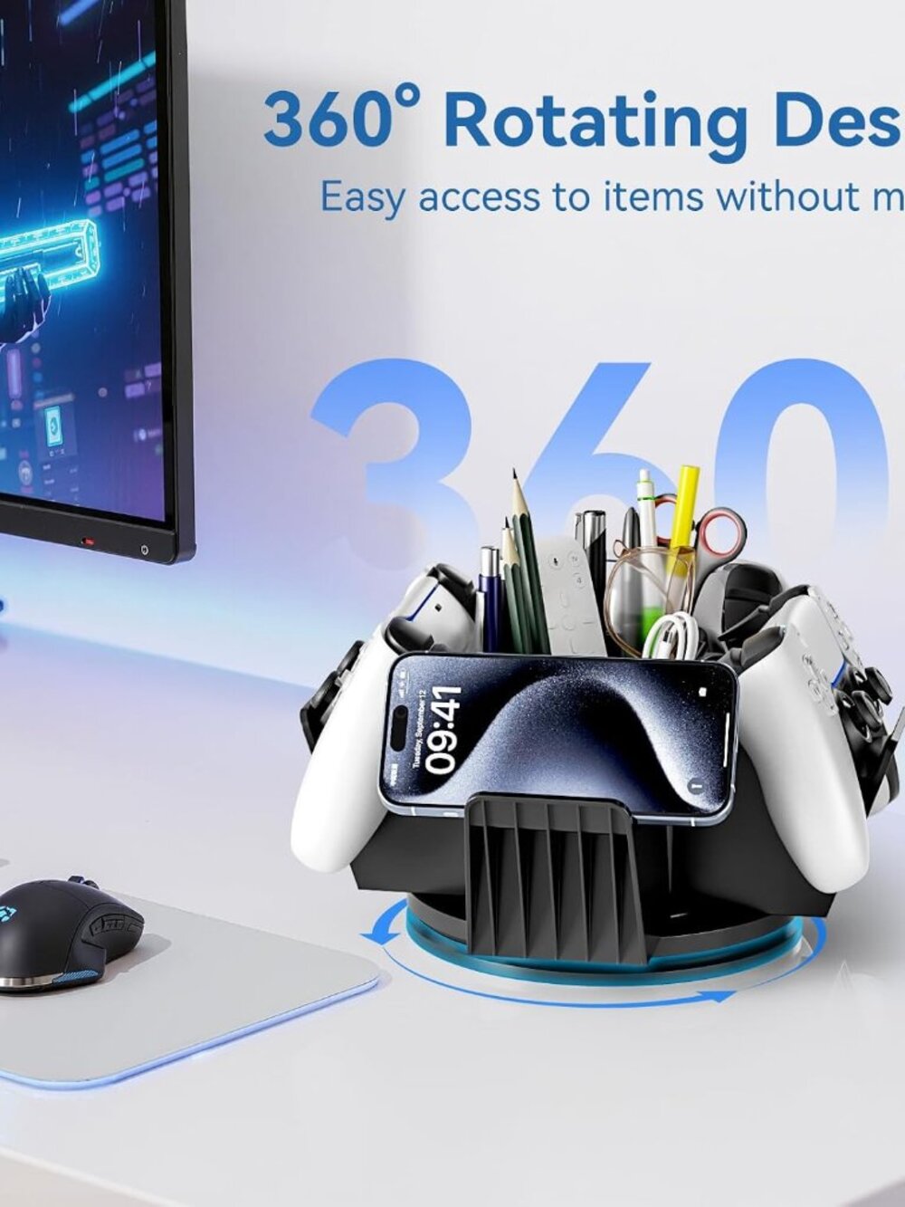 Controller Organizer for Desktop - 360°Rotatable Controller Holder with Storage - Picture 2 of 8